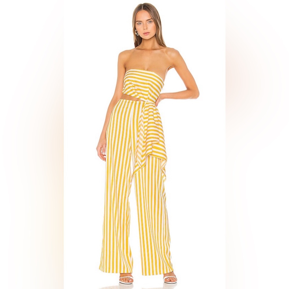 Michael Costello Strapless Yellow and White Jumpsuit